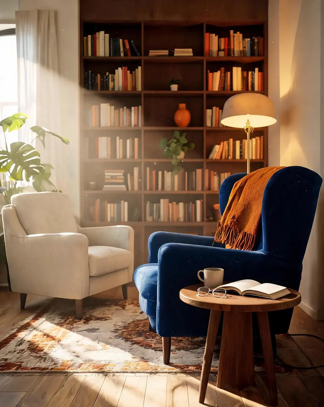 Poltrona azul, manta laranja e estante de livros, um ambiente de atendimento à luz do fim da tarde
